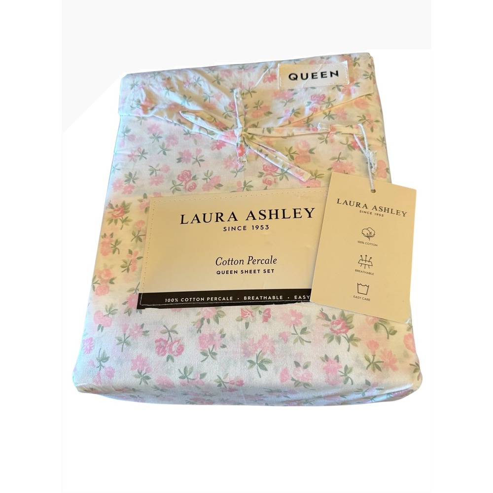 NEW Laura Ashley Queen Cotton Percale 4 piece Sheet Set‎ Pink Floral 🩷🩷